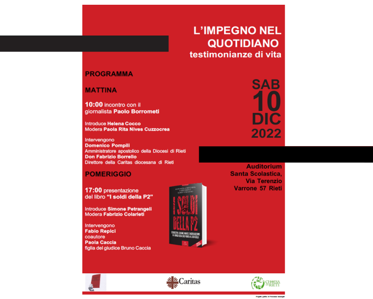 “L’impegno del quotidiano, testimonianze di  vita”, sabato 10  dicembre all’Auditorium di Santa Scolastica