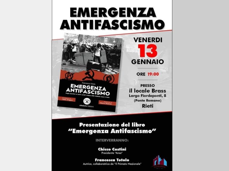 Il 13 gennaio a Rieti presentazione del libro “Emergenza antifascismo”