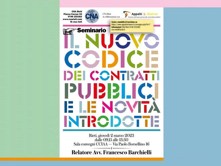 Il 2 marzo a Rieti seminario CNA sul Nuovo Codice Contratti Pubblici e novità introdotte