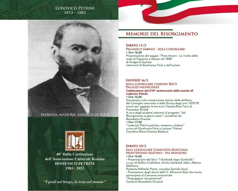 Lodovico Petrini: patriota, massone e sindaco di Rieti. Il 16 febbraio il ricordo in aula consiliare