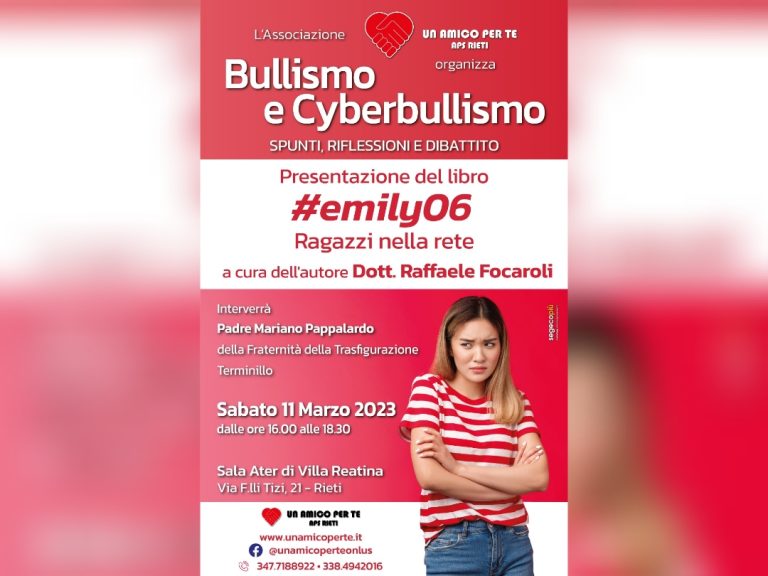 “Un amico per te” organizza il convegno “Bullismo e Cyberbullismo”. L’11 marzo a Rieti