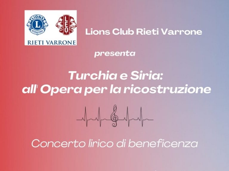 Il 26 marzo concerto di beneficenza per Turchia e Siria con Lions Club Rieti Varrone e l’Opera Ensemble