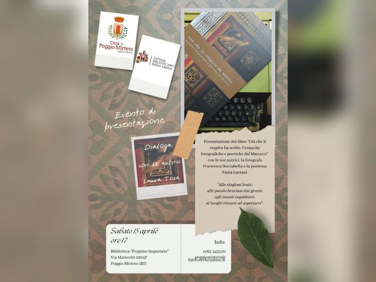 A Poggio Mirteto il 15 aprile presentazione del libro “Ciò che il respiro ha scelto. Cronache fotografiche e poetiche dal Marocco”