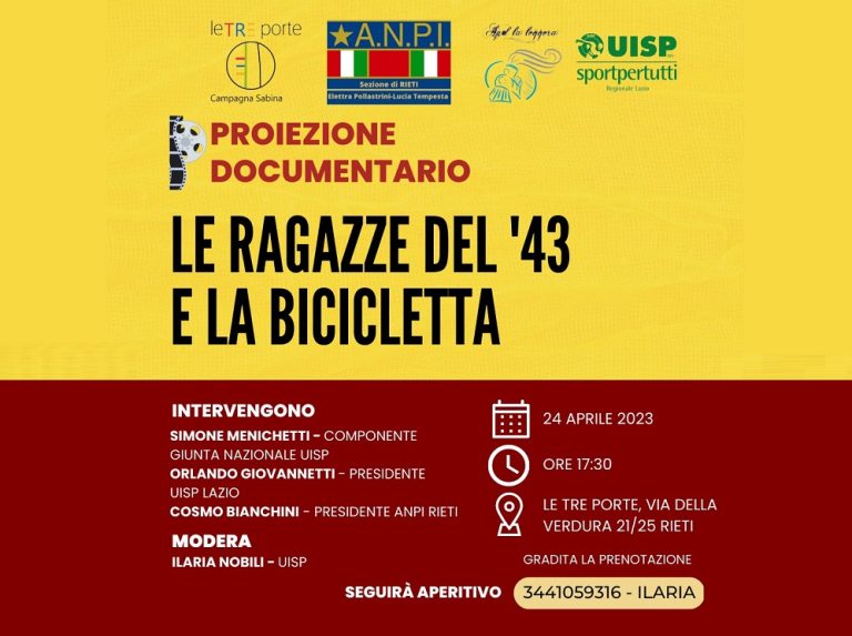 Il 24 aprile l’evento “Le ragazze del ’43 e la bicicletta”, proiezione documentario