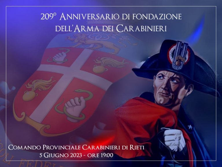 Il 5 giugno a Rieti la festa per i 209 anni dell’Arma Carabinieri