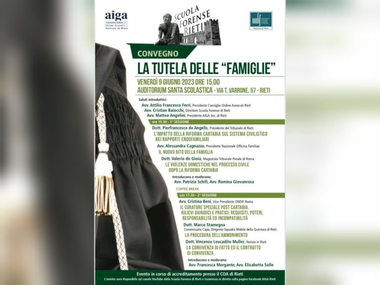 Il 9 giugno a Rieti il convegno “La tutela delle famiglie”