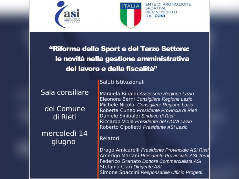 Il 14 giugno a Rieti il convegno “Riforma dello Sport e del Terzo Settore”