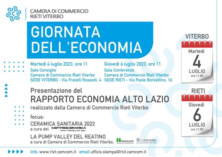 Torna la Giornata dell’Economia, appuntamento il 4 luglio a Viterbo e il 6 luglio a Rieti
