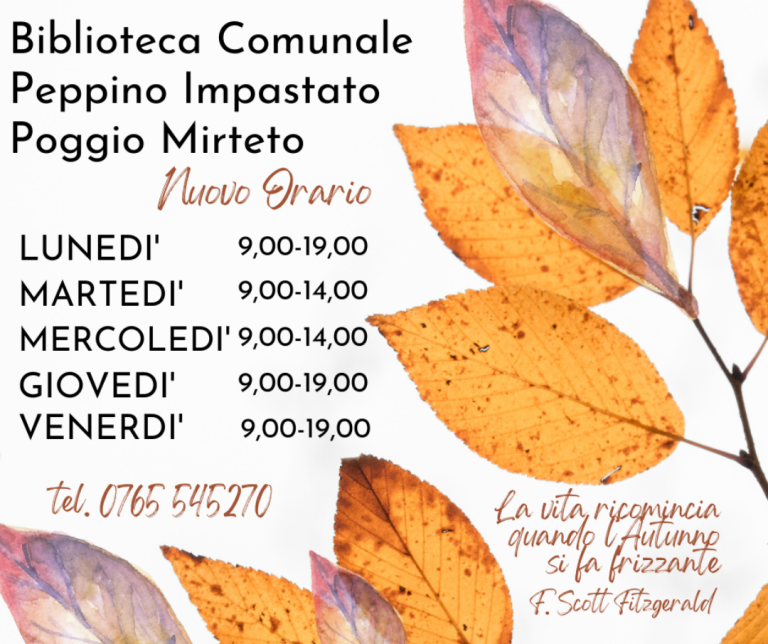 A fine settembre doppio appuntamento alla Biblioteca di Poggio Mirteto. E dal 2 ottobre in vigore l’orario invernale