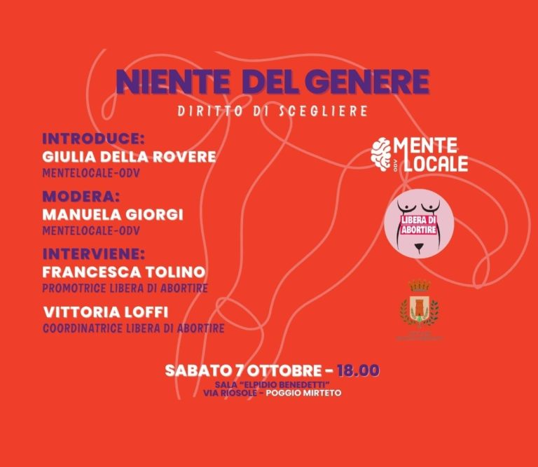 MenteLocale OdV organizza la terza rassegna “Niente del Genere: il diritto di scegliere”