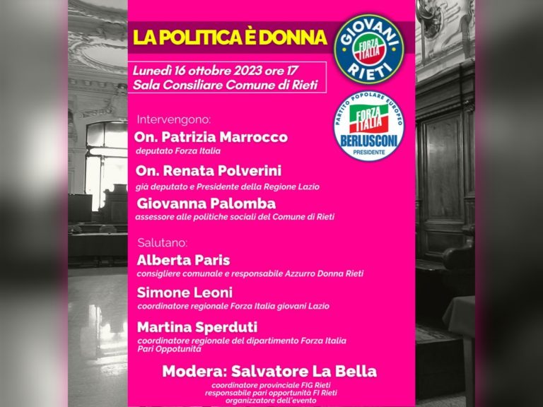 “La politica è donna”, il 16 ottobre convegno di Forza Italia  Giovani Rieti