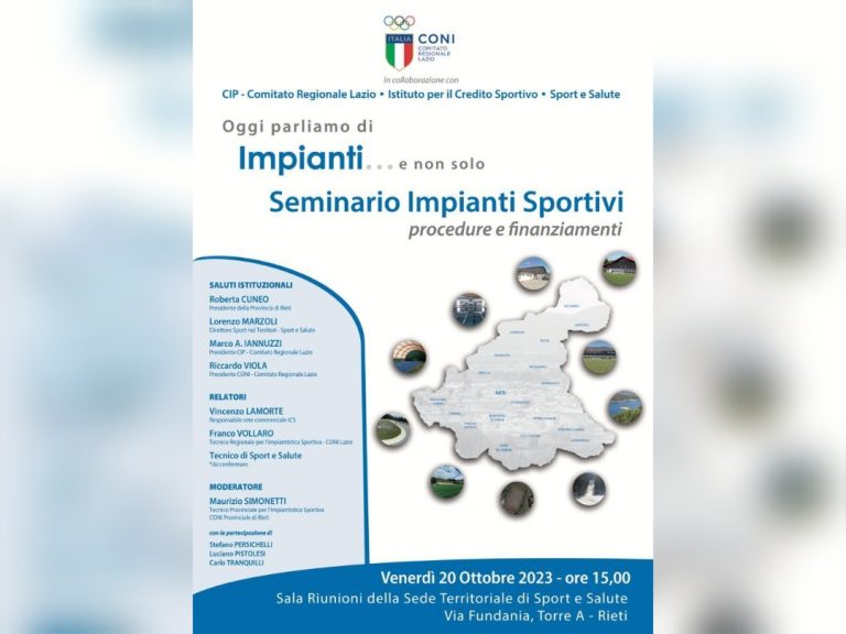 Il 20 ottobre seminario CONI Rieti su “Impianti sportivi, procedure e finanziamenti”