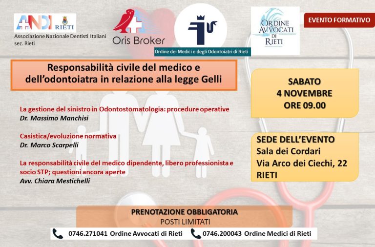 Il 4 novembre a Rieti il convegno: “Il contenzioso e i rischi connessi all’attività medica e odontoiatrica”
