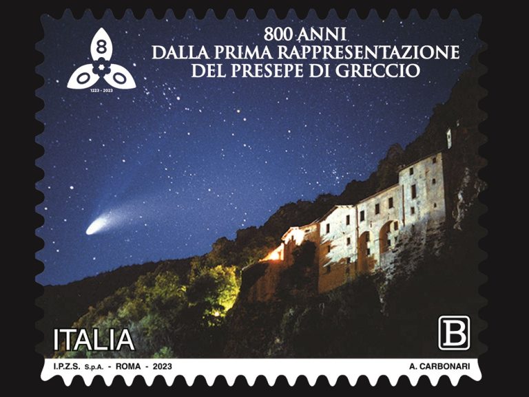 Il francobollo dedicato al primo Presepe di Greccio. La foto è del reatino Stefano Tocchio