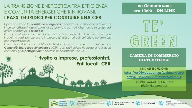Transizione ecologica, la CCIAA Rieti-Viterbo lancia i “Tè Green” incontri per imprese, professionisti e P.A.