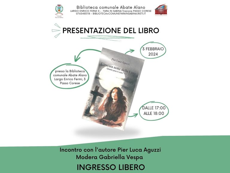 “L’oscura notte della Luna”: il 3 febbraio presentazione a Fara in Sabina, Biblioteca Abate Alamo