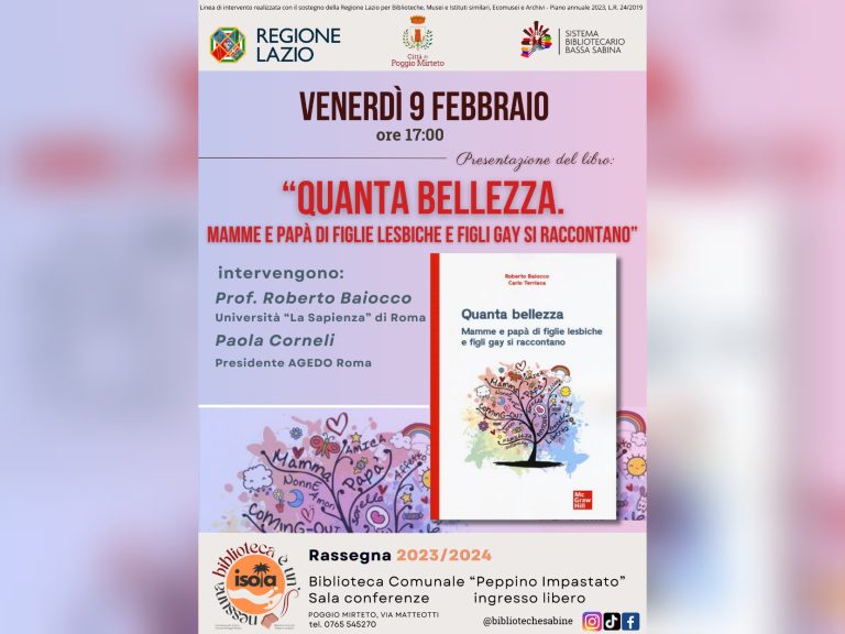 A Poggio Mirteto presentazione del libro “Quanta bellezza. Mamme e papà di figlie lesbiche e figli gay si raccontano”