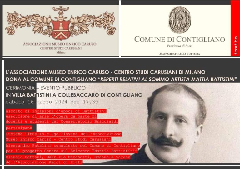 L’Associazione Museo Enrico Caruso dona a Contigliano tutta la collezione su Mattia Battistini