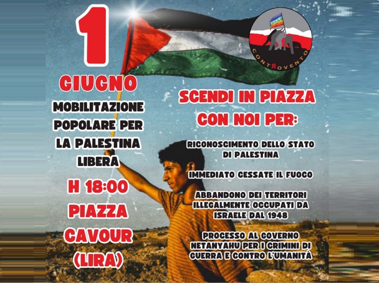 Il 1° giugno manifestazione di Controvento in favore della Palestina