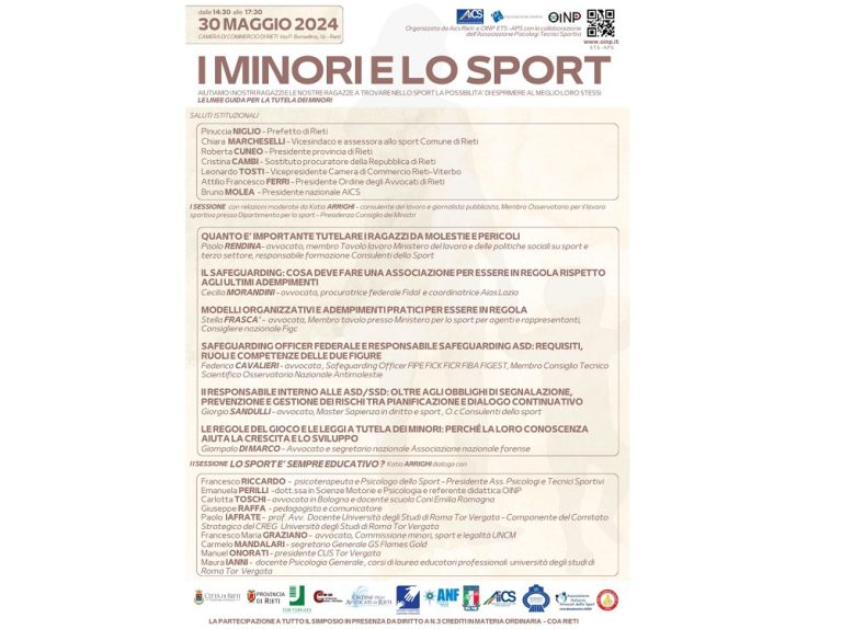 Giovedì 30 maggio si terrà a Rieti il convegno “I minori e lo sport”