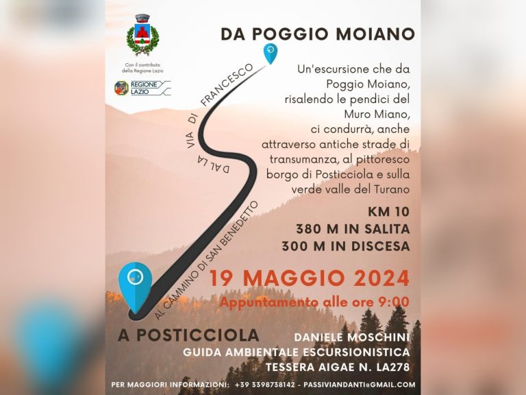 Il 19 maggio escursione da Poggio Moiano a Posticciola. Come partecipare