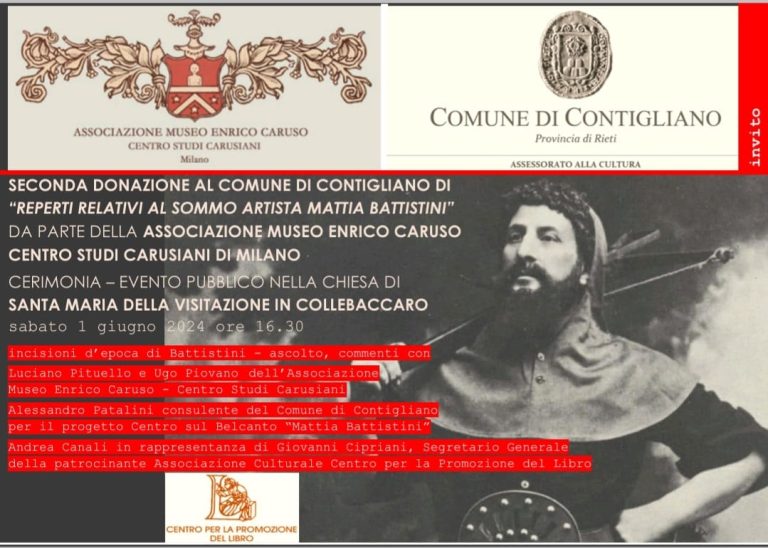 Il 1° giugno l’Associazione Enrico Caruso donerà a Contigliano nuovi reperti su Mattia Battistini