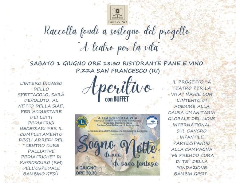 Il 1° giugno a Rieti raccolta fondi con il progetto “A teatro per la vita” in favore dell’Ospedale “Bambino Gesù”