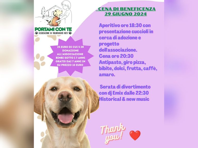 Cena di beneficenza per i cani senza casa organizzata da “Portami con te”