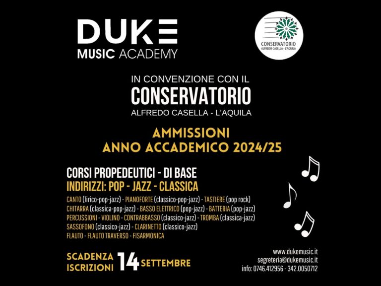 DUKE Music Academy Rieti, aperte le iscrizioni per corsi base e propedeutici col Conservatorio “Alfredo Casella” di L’Aquila