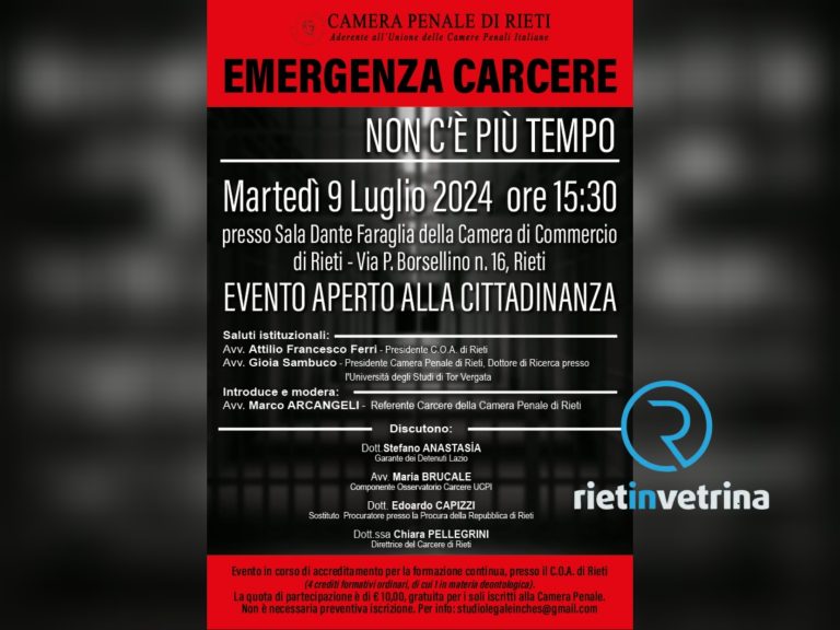 “Emergenza Carcere. Non c’è più tempo”, il 9 luglio convegno a Rieti