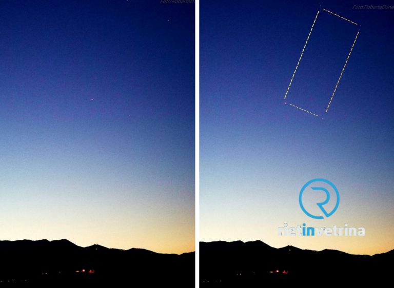 Il rettangolo di luce tra Giove, Marte, stella Aldebaran e le Pleiadi fotografato da Quattro Strade