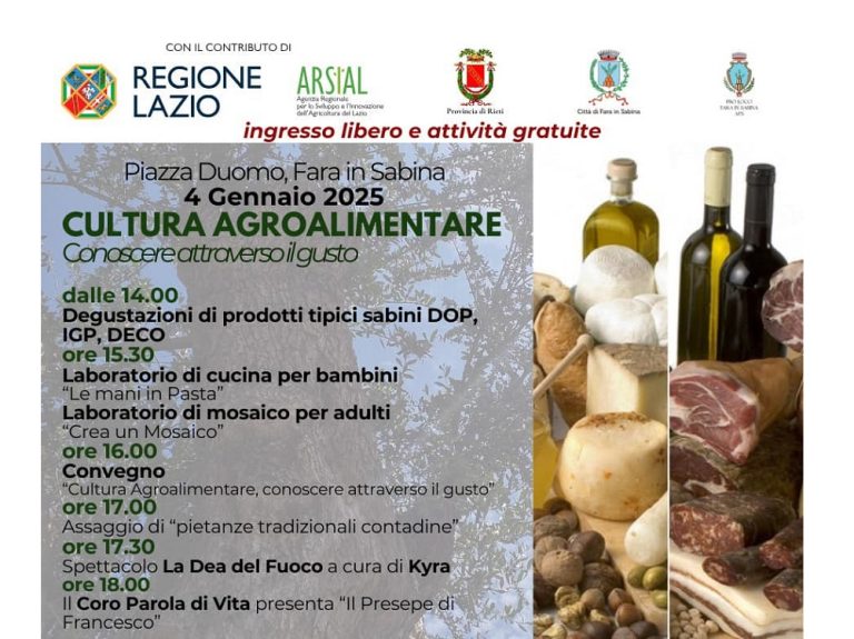Il 4 gennaio a Fara in Sabina “Cultura agroalimentare. Conoscere attraverso il gusto”