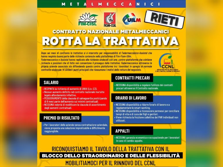 Metalmeccanici Rieti, il 15 gennaio sciopero di quattro ore
