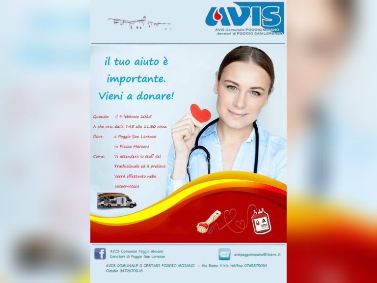 Il 9 febbraio a Poggio San Lorenzo si potrà donare il sangue