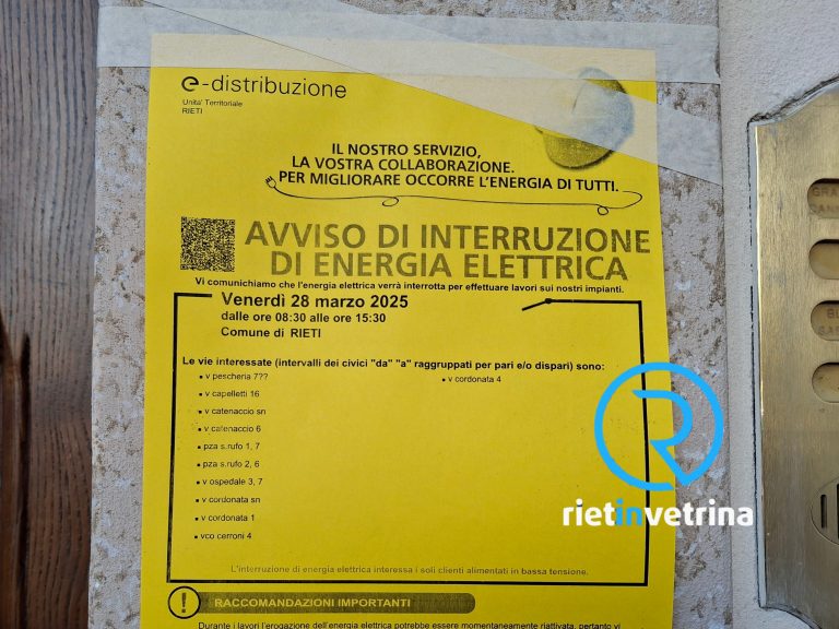 Venerdì 28 marzo interruzione di energia elettrica nel centro storico di Rieti – LE VIE INTERESSATE