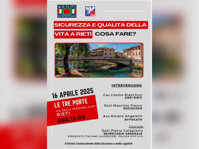 Il 16 aprile a Rieti il convegno: “Sicurezza e qualità della vita a Rieti, cosa fare?”