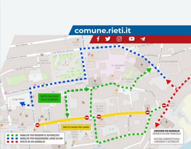 Rieti, lavori in via Garibaldi: nuove modifiche alla viabilità
