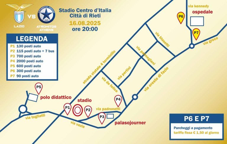 Lazio-Atromitos, la guida ai parcheggi per la partita allo Stadio Centro d’Italia