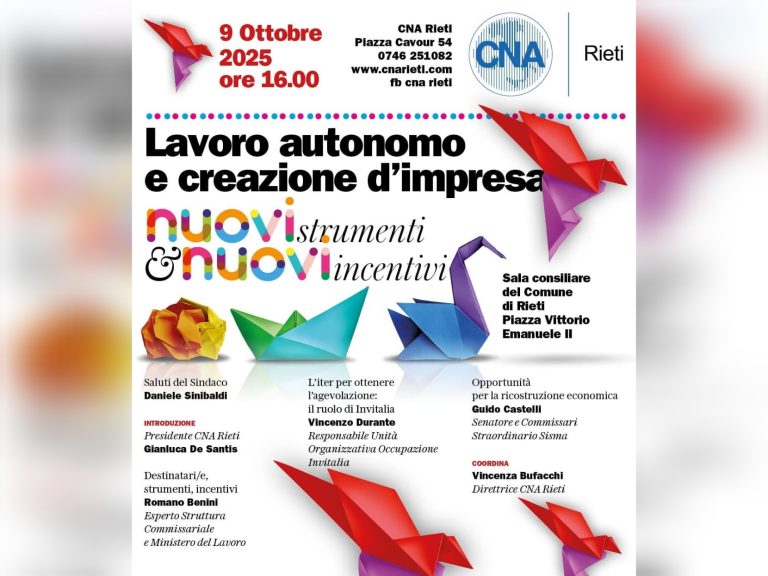 Il 9 ottobre CNA Rieti presenta i nuovi strumenti per il lavoro autonomo e la creazione d’impresa