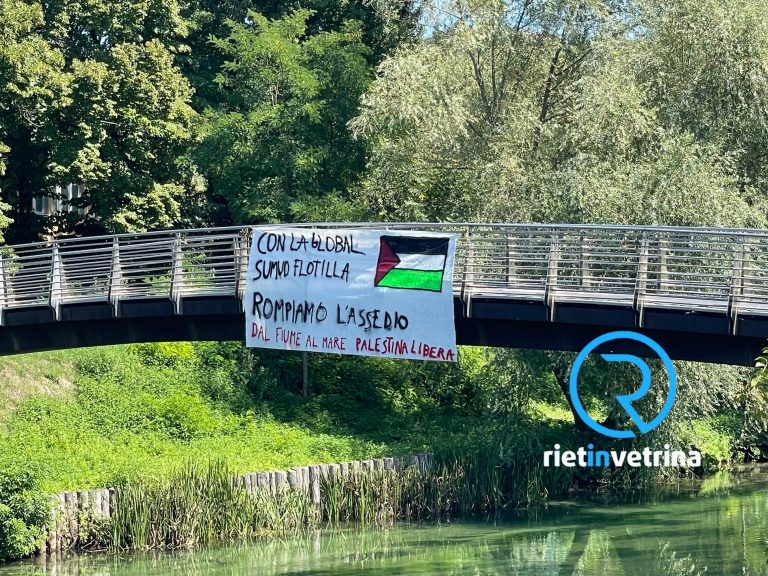 Sul Velino uno striscione pro-Palestina: “Stop all’assedio. Dal fiume al mare Palestina libera”