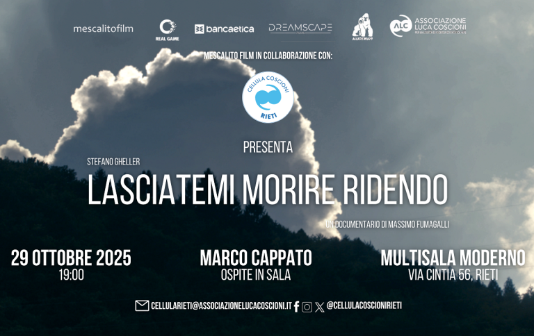 Lasciatemi morire ridendo, al Cinema Moderno di Rieti il docufilm su Stefano Gheller. Ospite Marco Cappato