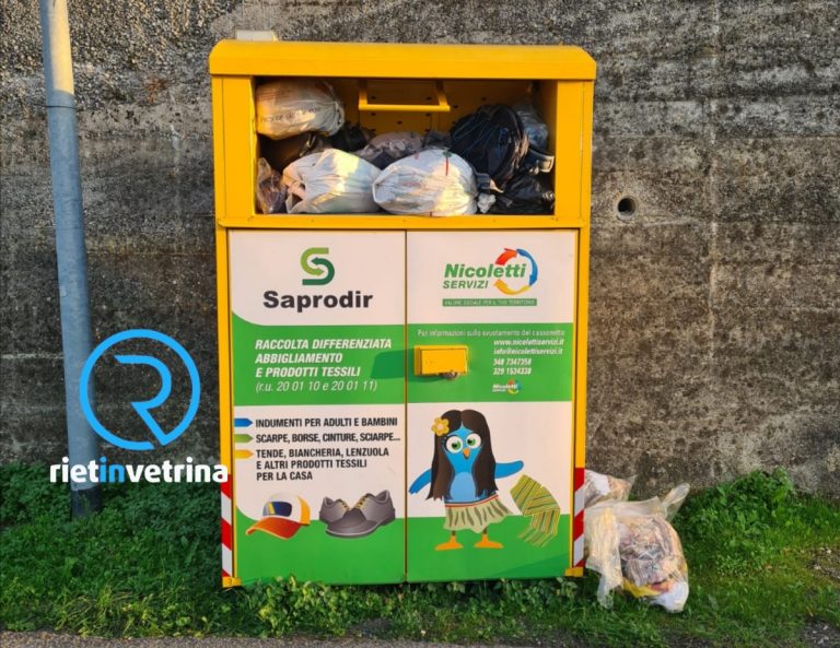 SEI TU IL REPORTER di Rietinvetrina – “Saprodir intervenga a Monte Santa Maria. Cassonetti abiti usati stracolmi”