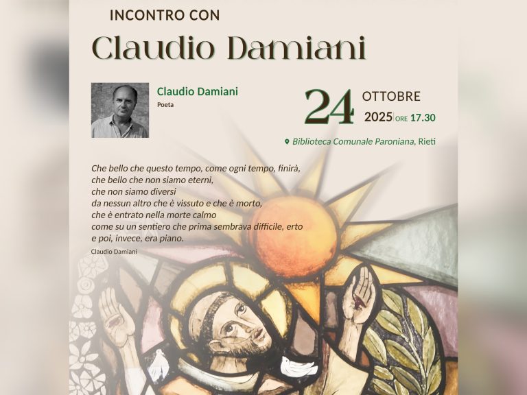 “Francesco tra le righe”: il 24 ottobre alla Paroniana l’incontro con il poeta Claudio Damiani