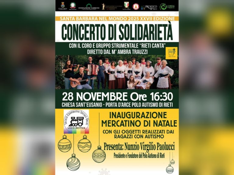 Il 28 novembre al Polo Sant’Eusanio Concerto di Solidarietà per Santa Barbara con il gruppo “Rieti Canta” diretto dal M° Ambra Trauzzi