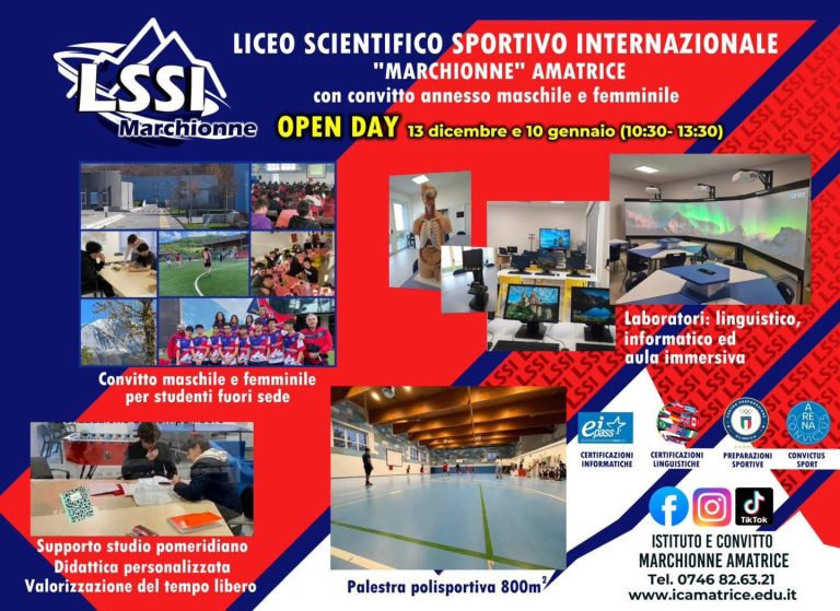 Il 13 dicembre Open Day al Liceo Scientifico Sportivo di Amatrice con Convitto per ragazze e ragazzi fuori sede