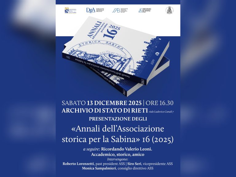 All’Archivio di Stato di Rieti presentazione del n. 16 degli “Annali dell’Associazione storica per la Sabina”