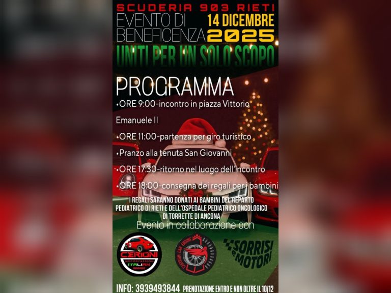Evento benefico della Scuderia 903 Rieti in favore della Pediatria de Lellis e Pediatria Oncologica Torrette di Ancona