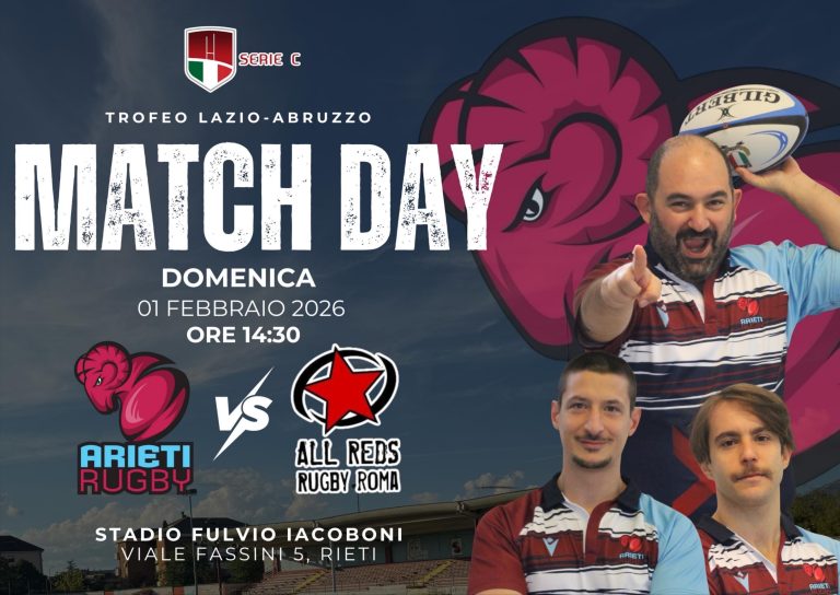 L’1 febbraio gli Arieti Rugby Rieti affronteranno gli All Reds