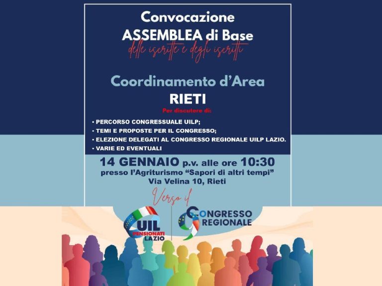 Il 14 gennaio Assemblea di base UIL Pensionati Rieti