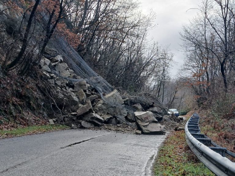 Frana tra Borgo San Pietro e Diga del Salto, sindaco Micaloni: “I grandi massi hanno strappato la rete in acciaio sulla provinciale. Si attende la perizia per prendere una decisione”